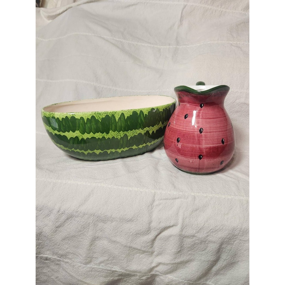 Hand Painted Ceramic Watermelon Serving Set Oval Bowl and Pitcher Summer Decor